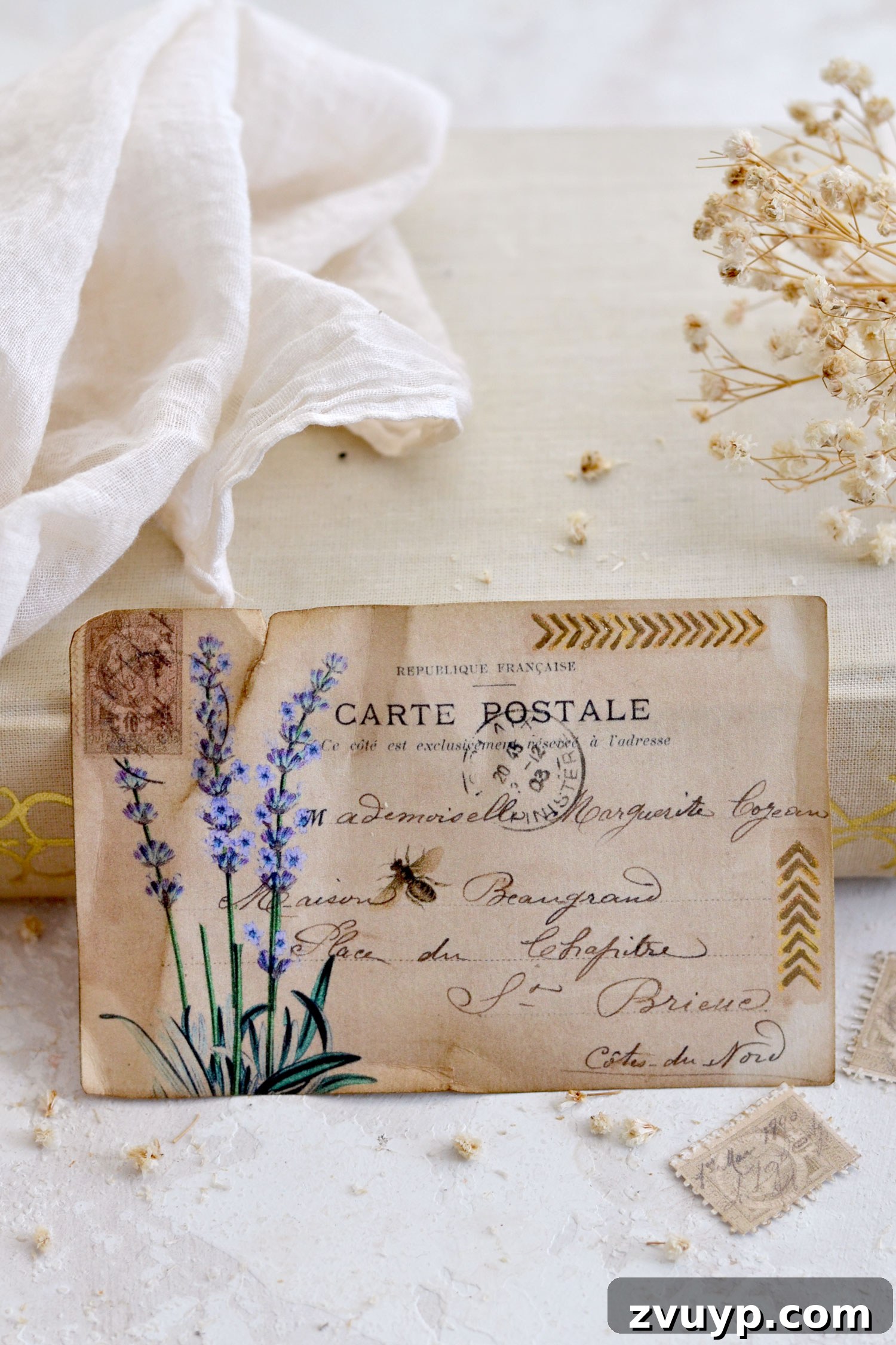 Handcrafted Lavender Postcards Featuring Faux Washi 4 vintage lavender postcards