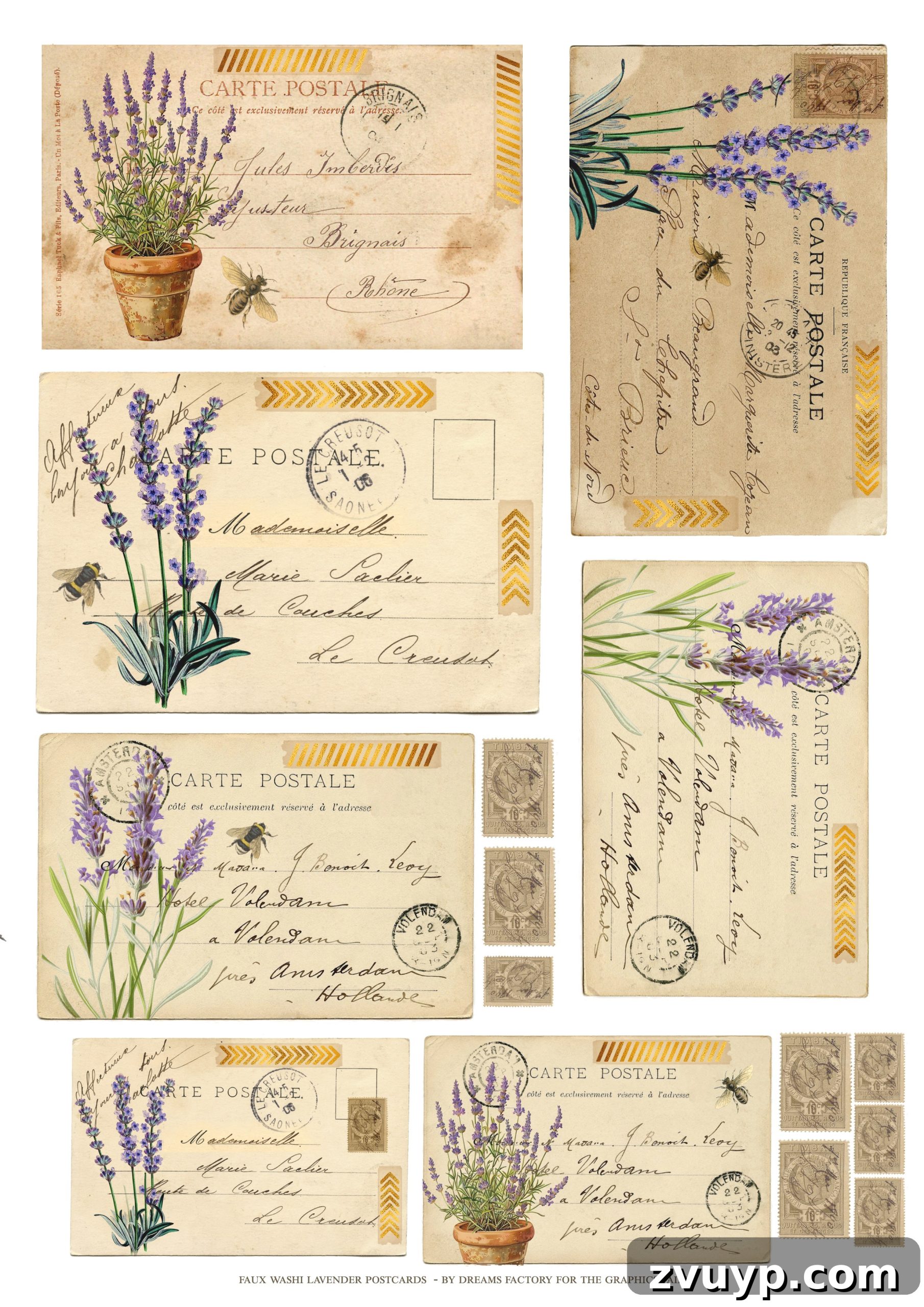 Handcrafted Lavender Postcards Featuring Faux Washi 5 faux washi lavender postcards printable