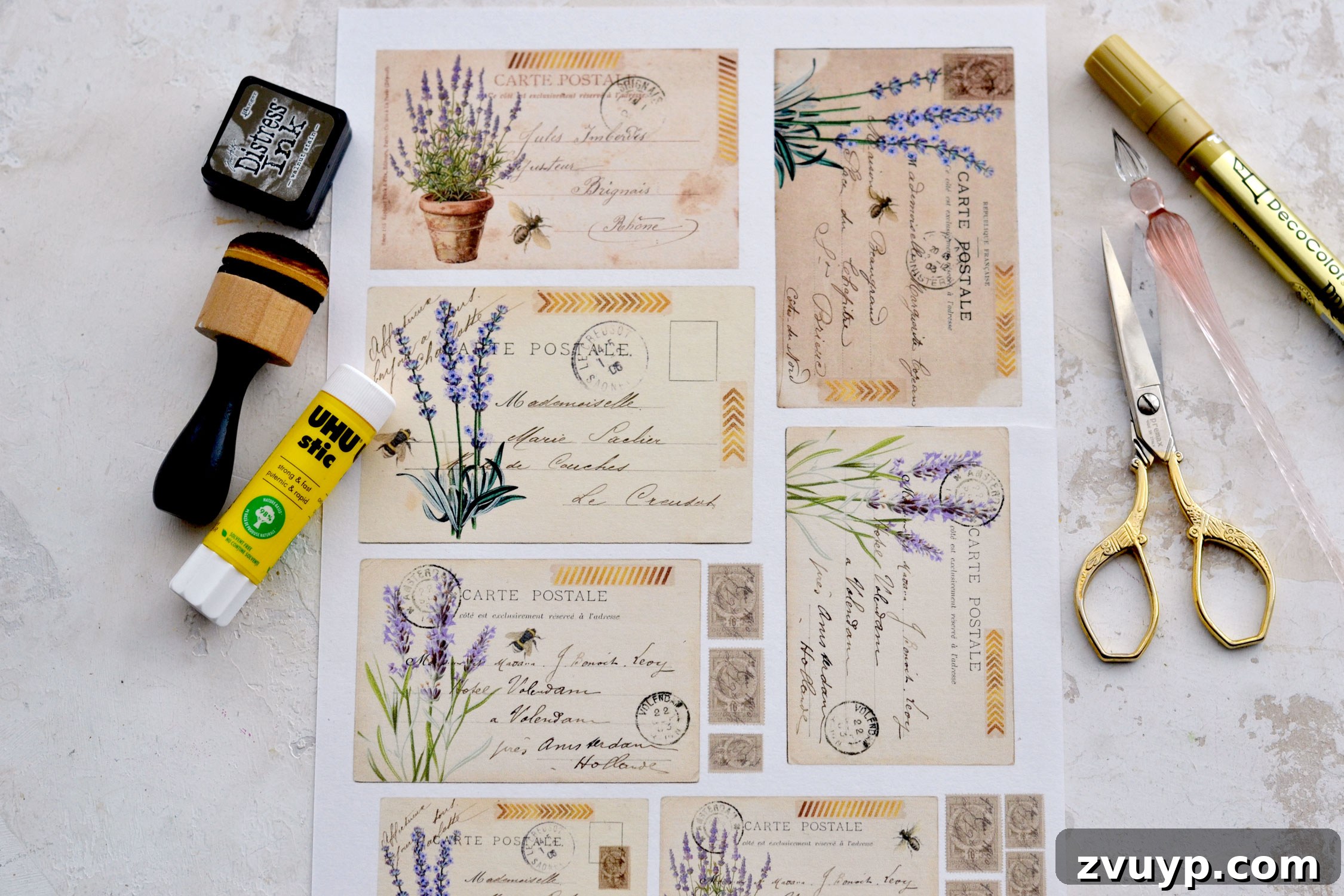 Handcrafted Lavender Postcards Featuring Faux Washi 6 lavender postcards supplies