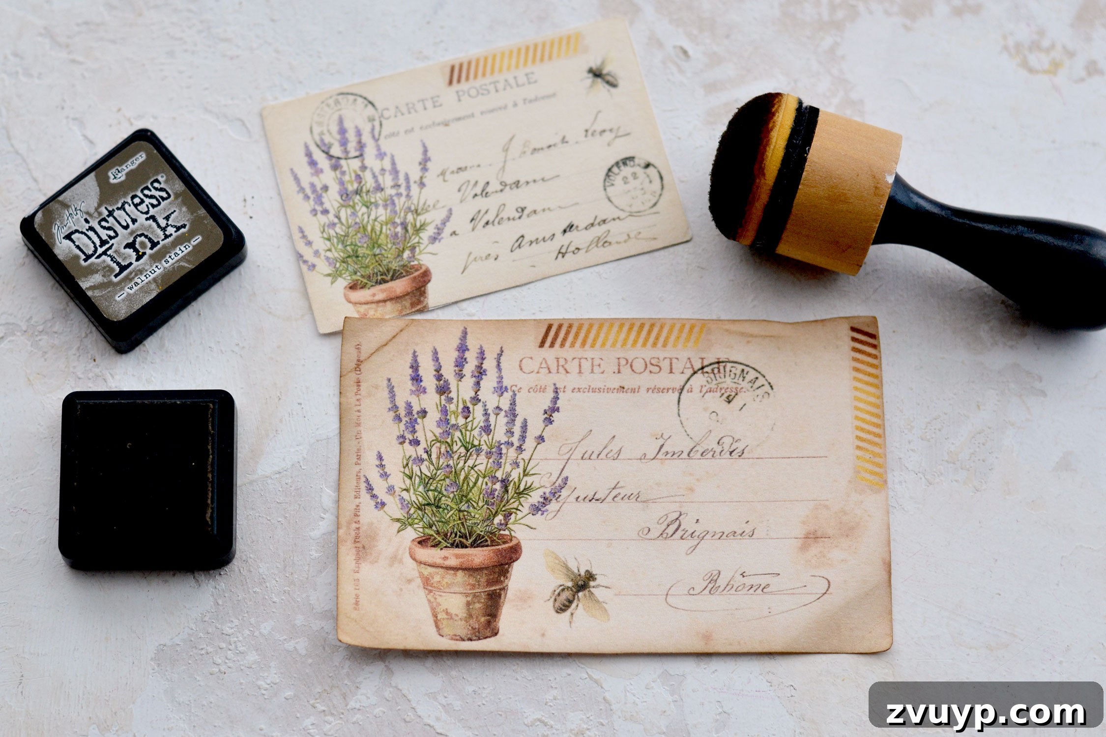 Handcrafted Lavender Postcards Featuring Faux Washi 8 distressing the paper