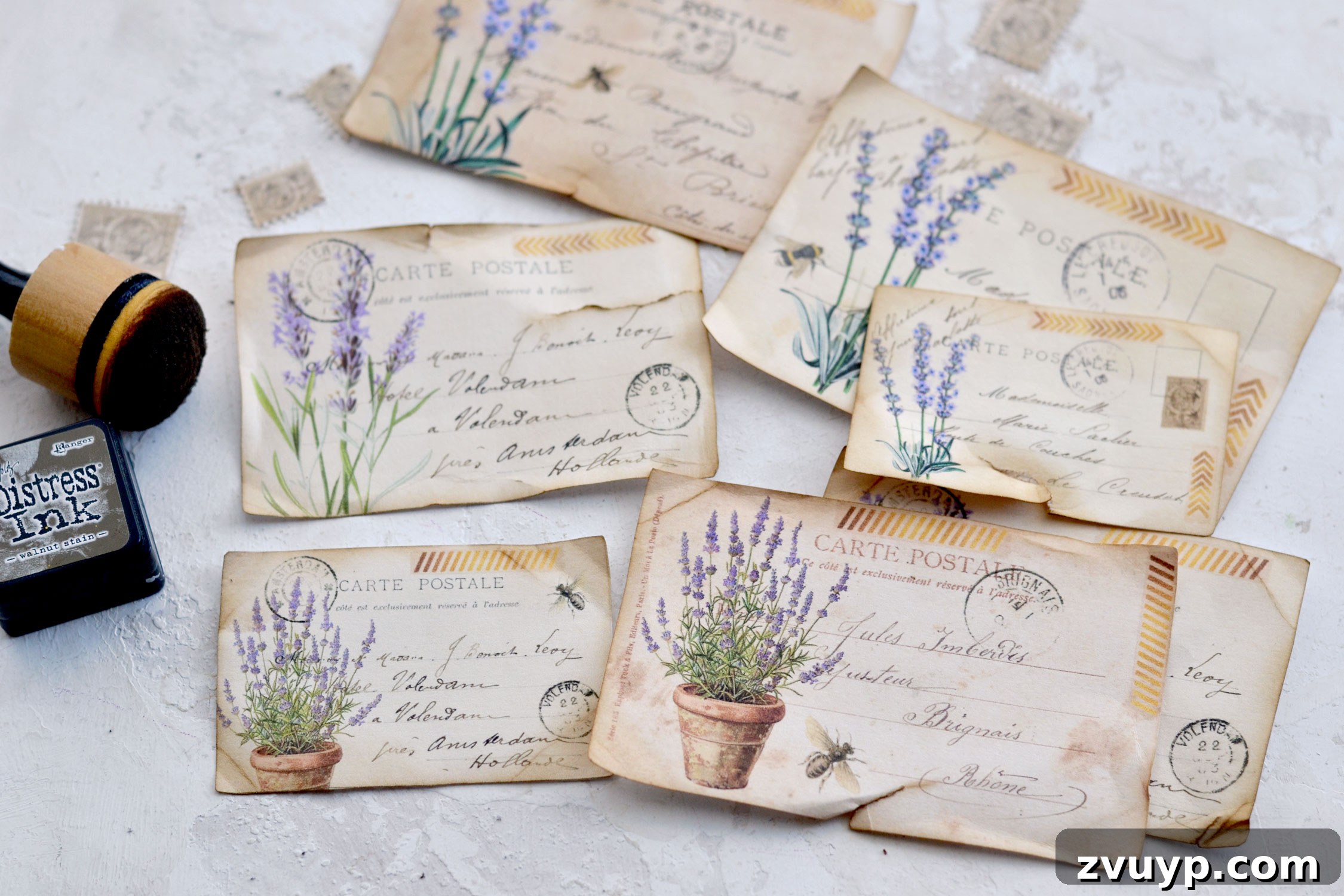 Handcrafted Lavender Postcards Featuring Faux Washi 9 distressing the paper