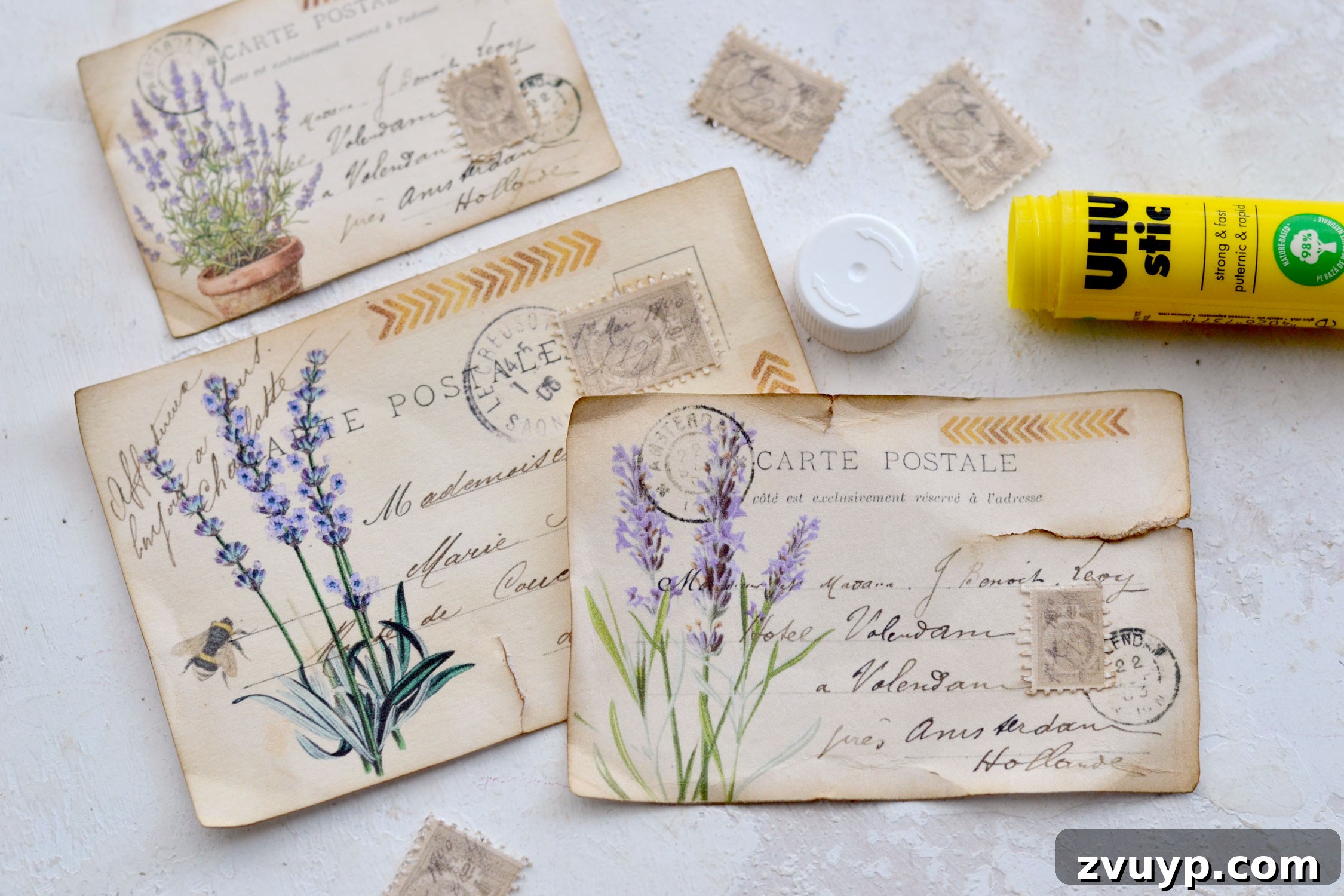 Handcrafted Lavender Postcards Featuring Faux Washi 10 gluing the stamps