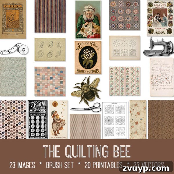 The Art of the Quilting Bee Graphics Fairy Premium 2 Preview image of The Quilting Bee ephemera kit, featuring various vintage quilting and sewing related graphics like spools of thread, thimbles, fabric swatches, and quilt blocks