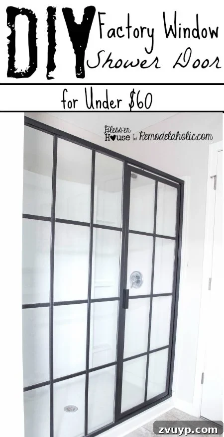 DIY Factory Window Shower Door - Transform your basic glass shower door into a stylish industrial factory window shower door for under $60, a key part of our bathroom makeover.