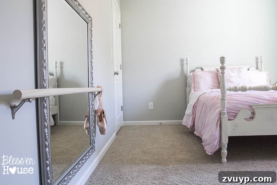 Your Guide to Building a DIY Ballet Barre and Securely Hanging Heavy Mirrors 19 Close-up of Ballerina Appliqué Pillow and Room Decor