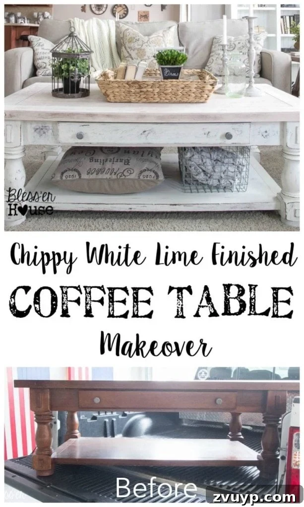 Farmhouse Whitewash Coffee Table 2 Chippy White Lime Finished Coffee Table - A beautiful example of a thrift store furniture flip with a natural wood top and distressed white base, perfect for farmhouse decor. | Bless'er House