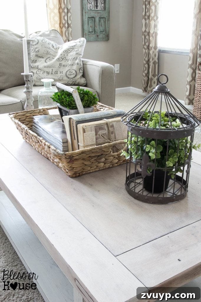 Farmhouse Whitewash Coffee Table 11 Close-up of the smooth, lime-waxed coffee table top, showcasing its enhanced natural wood grain and silky texture, a standout feature of this DIY furniture makeover. | Bless'er House