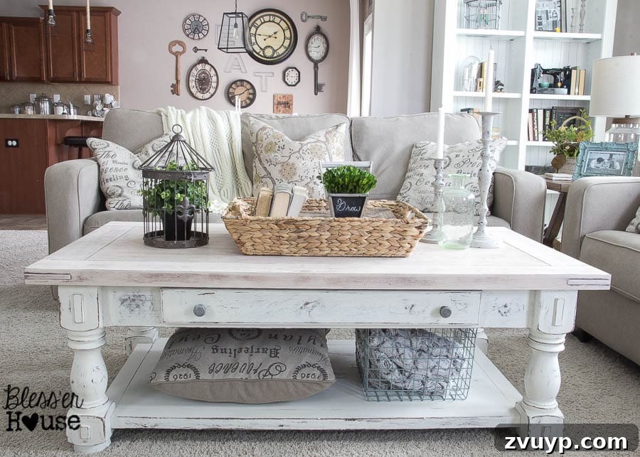 Farmhouse Whitewash Coffee Table 12 Final full shot of the Chippy White Lime Finished Coffee Table, showcasing its complete transformation and charming appeal, perfect for farmhouse living. | Bless'er House