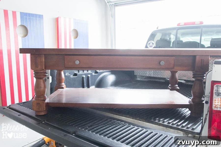 Farmhouse Whitewash Coffee Table 3 Before: Vintage Coffee Table with Elegant Legs from a Thrift Store Find. This image shows the coffee table before its chippy white and lime finish transformation, highlighting its original condition. | Bless'er House