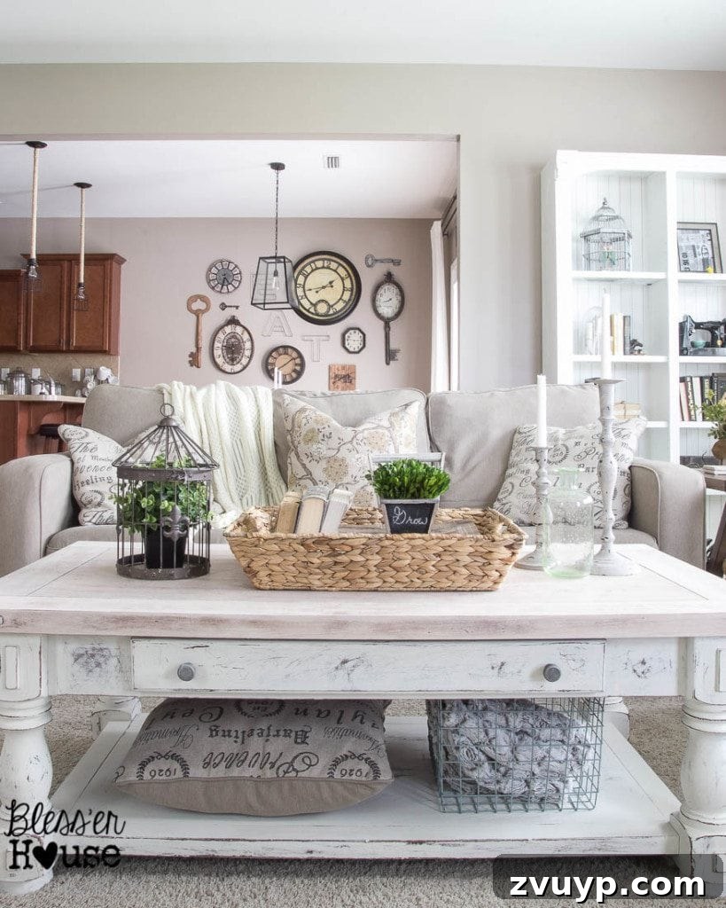 Farmhouse Whitewash Coffee Table 5 Mid-makeover shot showing the distressed chippy white base of the coffee table, revealing layers of texture and character, a key step in achieving the farmhouse aesthetic. | Bless'er House