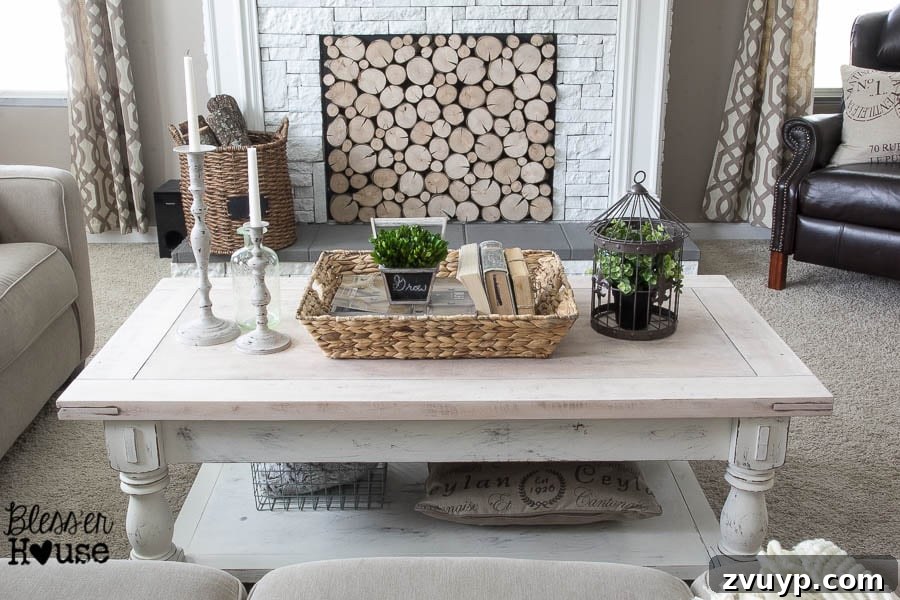 Farmhouse Whitewash Coffee Table 7 Final reveal of the Chippy White Lime Finished Coffee Table, showcasing the unique liming wax effect on the natural wood top and distressed white base. | Bless'er House