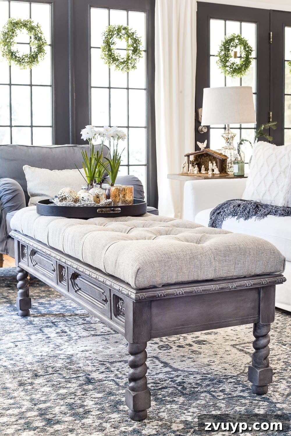 Thrift Like a Pro: Goodwill's Best Kept Secrets 12 The transformed coffee table, now a stylish ottoman in a living room setting.
