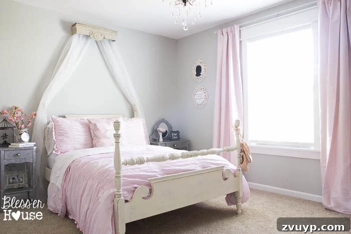 Dreamy Bed Canopy Crown from an Upcycled Shelf 7 DIY Canopy Crown from a Repurposed Shelf: Olivia's redesigned bedroom showing the new curtains and the overall harmonious decor, featuring the DIY canopy.