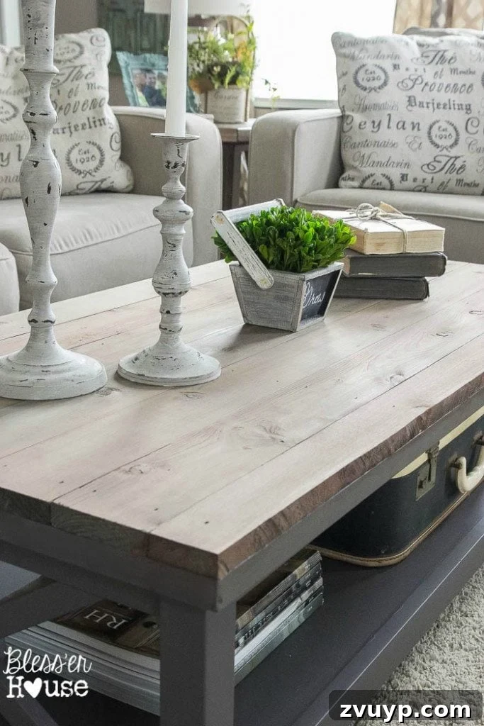 Rustic Barnwood Coffee Table 6 Barn Wood Top Coffee Table | Bless'er House - Gorgeous way to cover up a scratched, peeling veneer coffee table top!