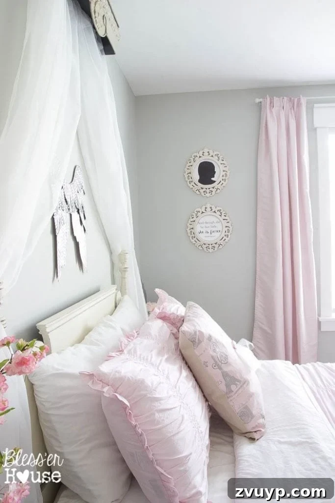 En Pointe Perfection: Her Ballerina Bedroom Makeover 11 DIY canopy crown from a repurposed shelf, with silhouette art and ceiling medallion frames in a girl's bedroom.