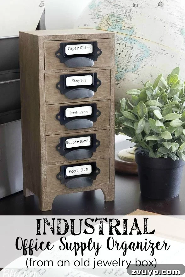 Industrial Workstation Hub 2 Transform an old jewelry box into a stylish industrial office supply organizer. Learn how to upcycle and organize your workspace with this easy DIY project.