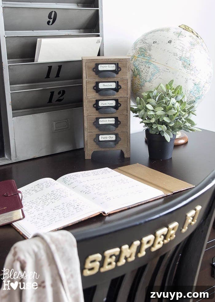 Industrial Workstation Hub 9 Full view of the stylish industrial office supply organizer on a desk with coordinating decor.