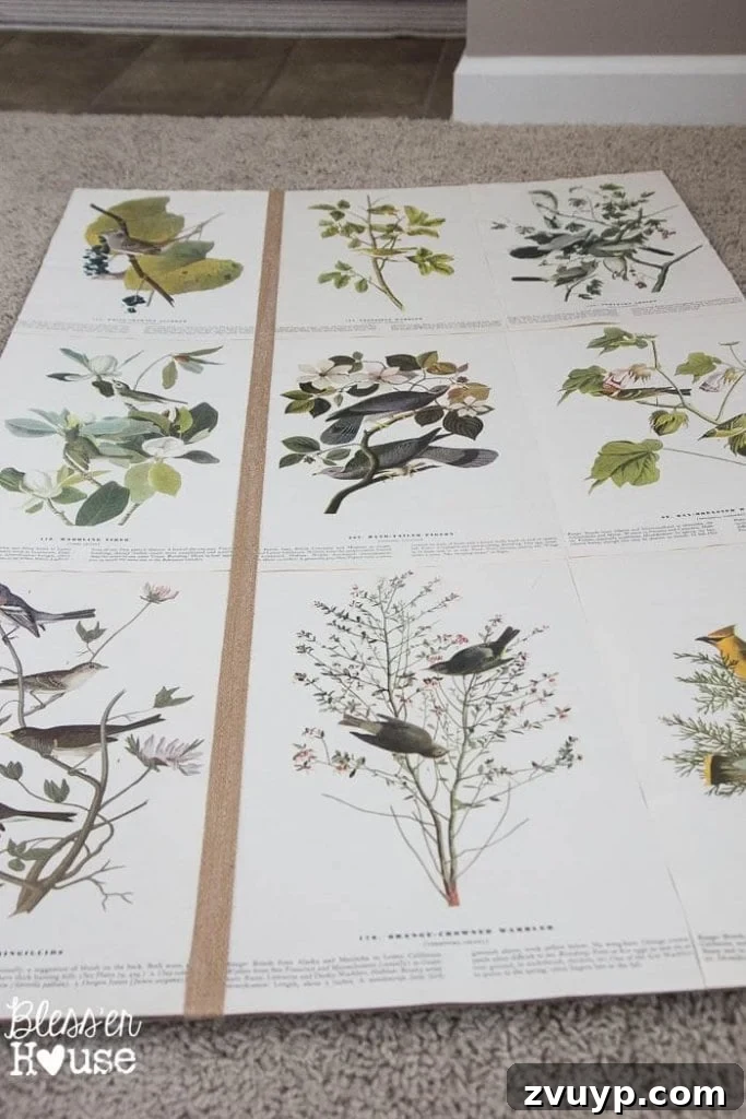 Vintage Book Page Botanical Creations 12 Applying school glue for jute burlap ribbon.