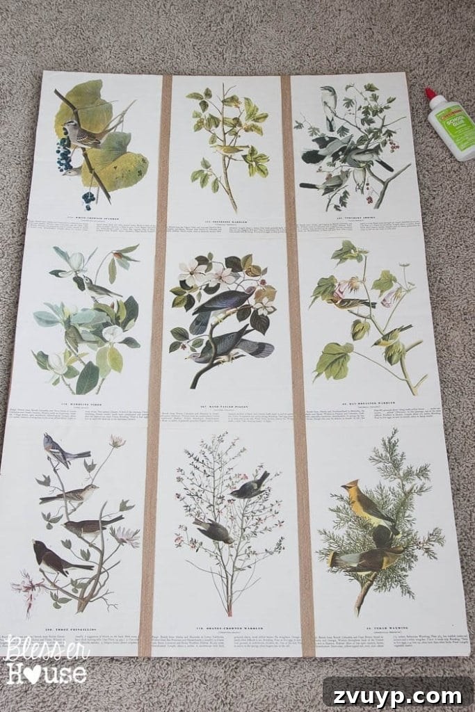 Vintage Book Page Botanical Creations 13 Vertical jute burlap ribbon strips glued onto botanical art.
