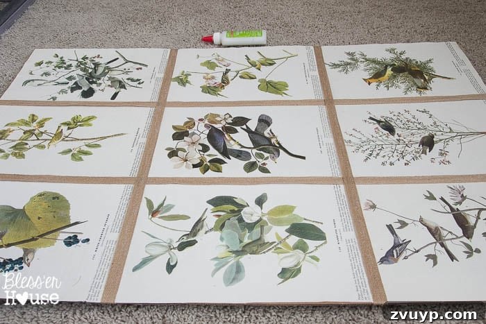 Vintage Book Page Botanical Creations 14 Horizontal jute burlap ribbon strips completing the grid pattern.