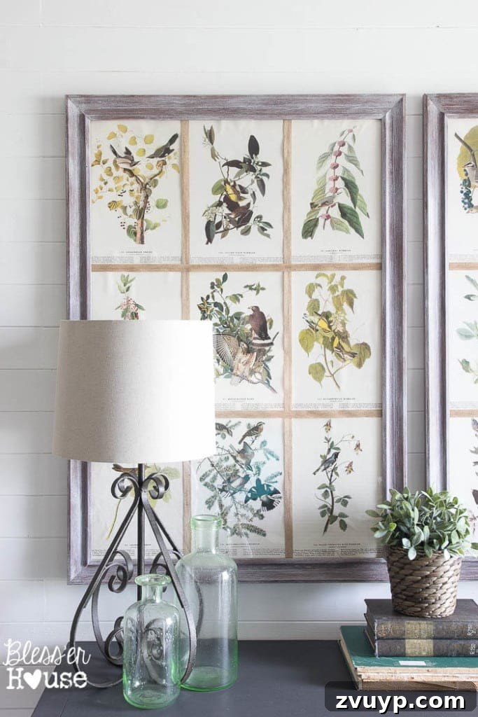 Vintage Book Page Botanical Creations 18 DIY botanical art perfectly complementing a shiplap wall in a foyer.