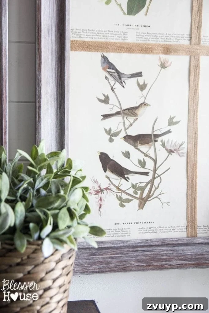 Vintage Book Page Botanical Creations 19 Foyer table decor with DIY botanical art and thrifted lamp.