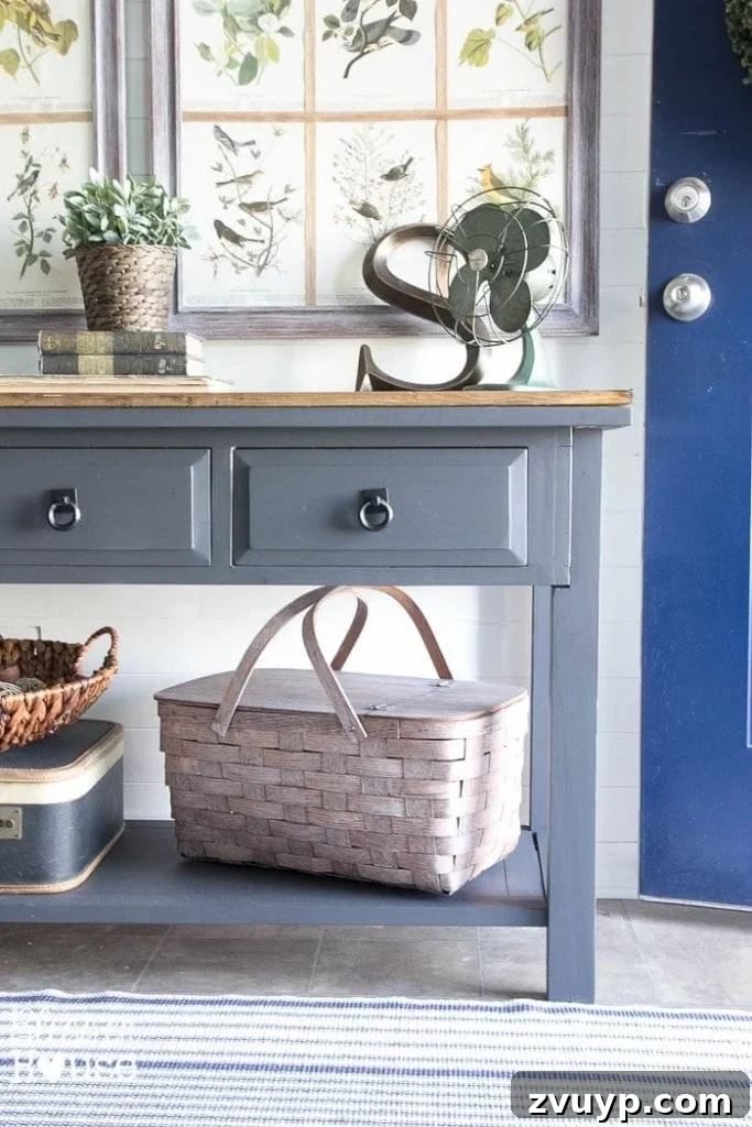 Foyer First Impressions: A Console Table's New Look 11 Modern Farmhouse Foyer Makeover: Vintage picnic basket before gray wash