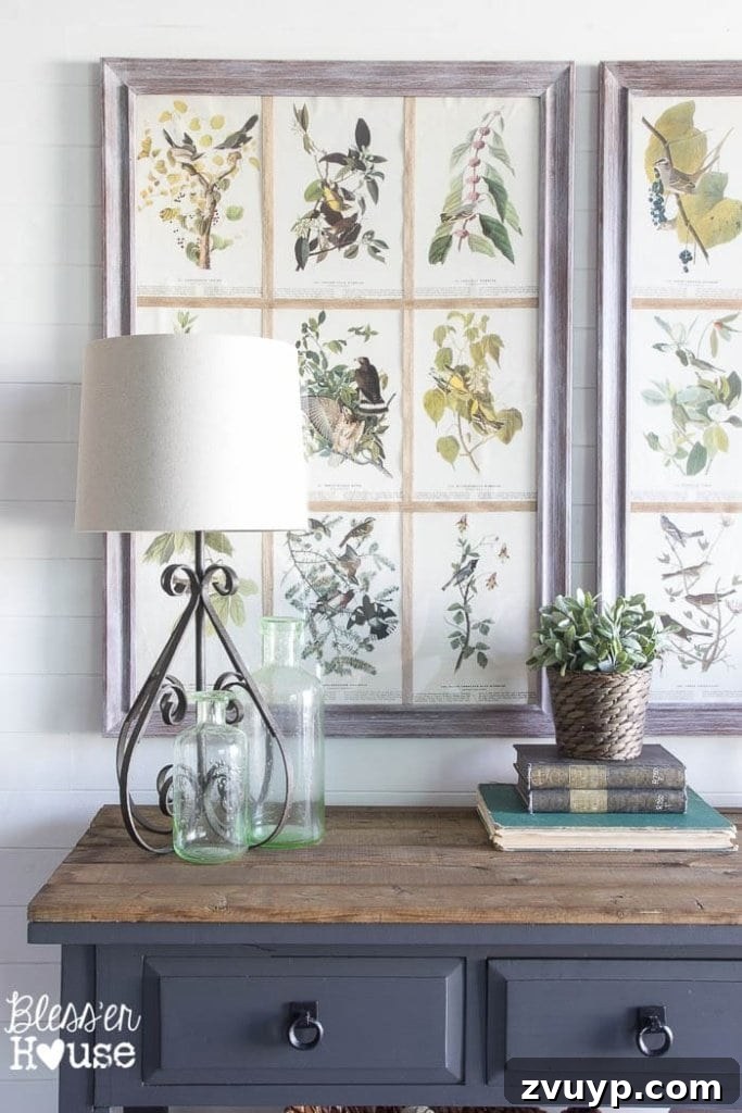 Foyer First Impressions: A Console Table's New Look 13 Modern Farmhouse Foyer Makeover: Thrifted metal scroll lamp with new shade