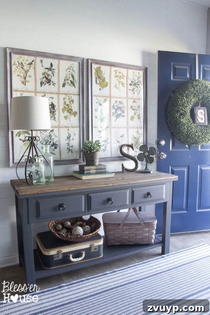 Foyer First Impressions: A Console Table's New Look 15 Modern Farmhouse Foyer Makeover: Grandparents' vintage suitcase under console