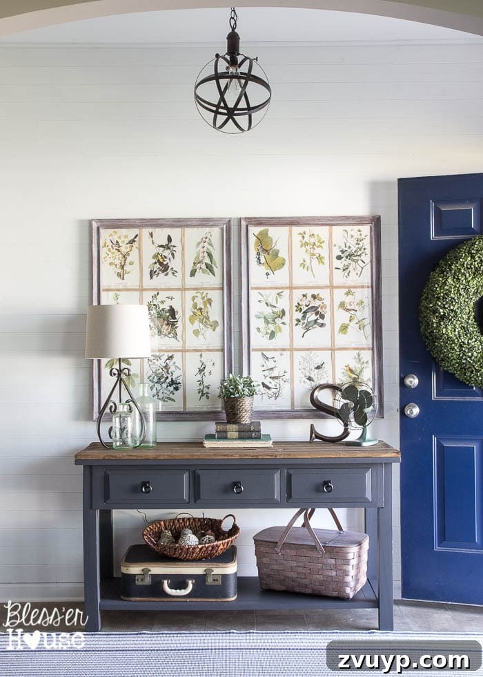 Foyer First Impressions: A Console Table's New Look 5 Modern Farmhouse Foyer Makeover: Console table with Ash paint and rustic pine top, styled with botanical art