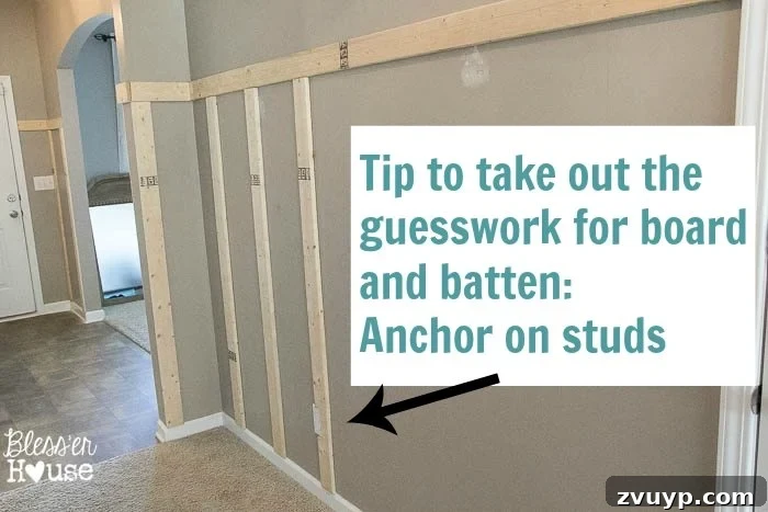 Effortless & Affordable Board and Batten DIY 17 Anchoring vertical battens into wall studs for a secure board and batten installation