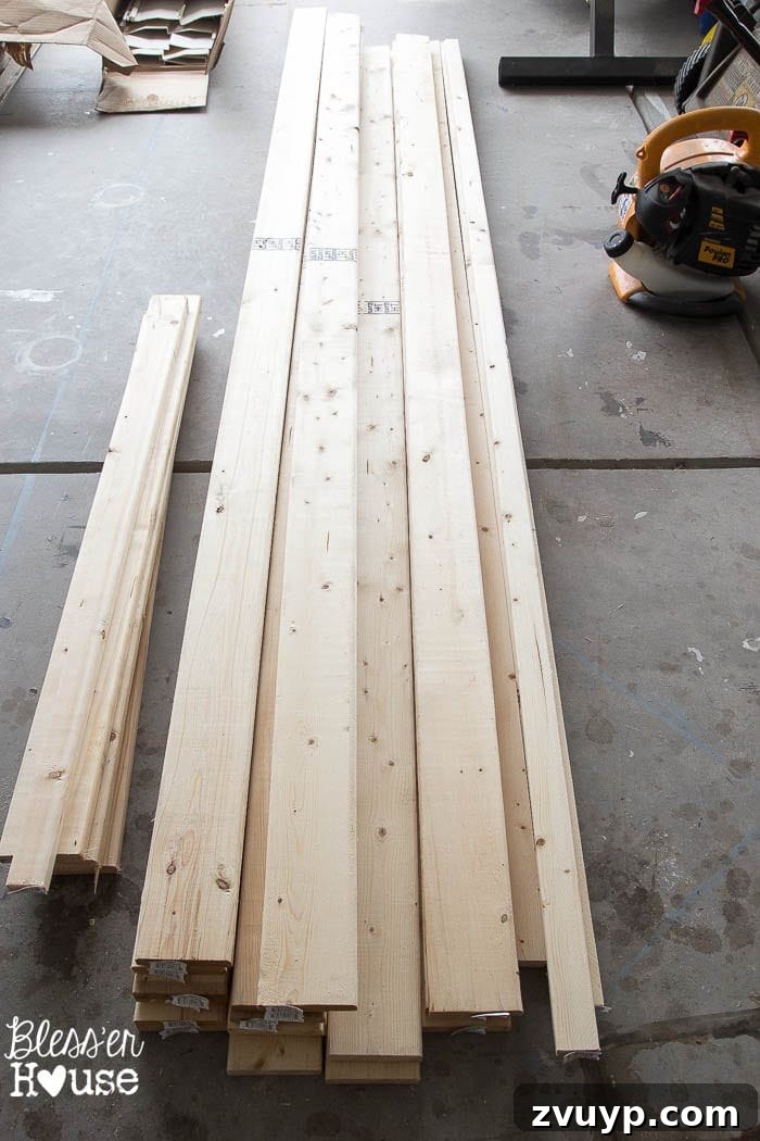 Effortless & Affordable Board and Batten DIY 5 Close-up of pine furring strips, a budget-friendly wood choice for DIY board and batten