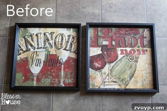 Transforming Old Art into Personalized Text Decor 3 Before and after transformation of old wine art into modern typography signs