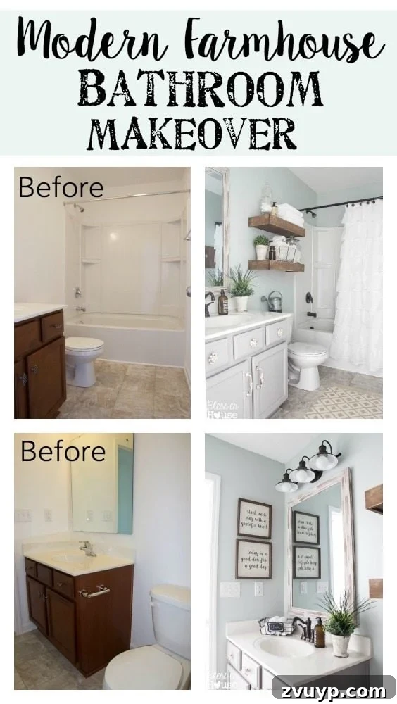 Chic Modern Farmhouse Bathroom Remodel Tour 4 After: Stunning modern farmhouse bathroom makeover reveal, showcasing rustic charm and elegant touches.