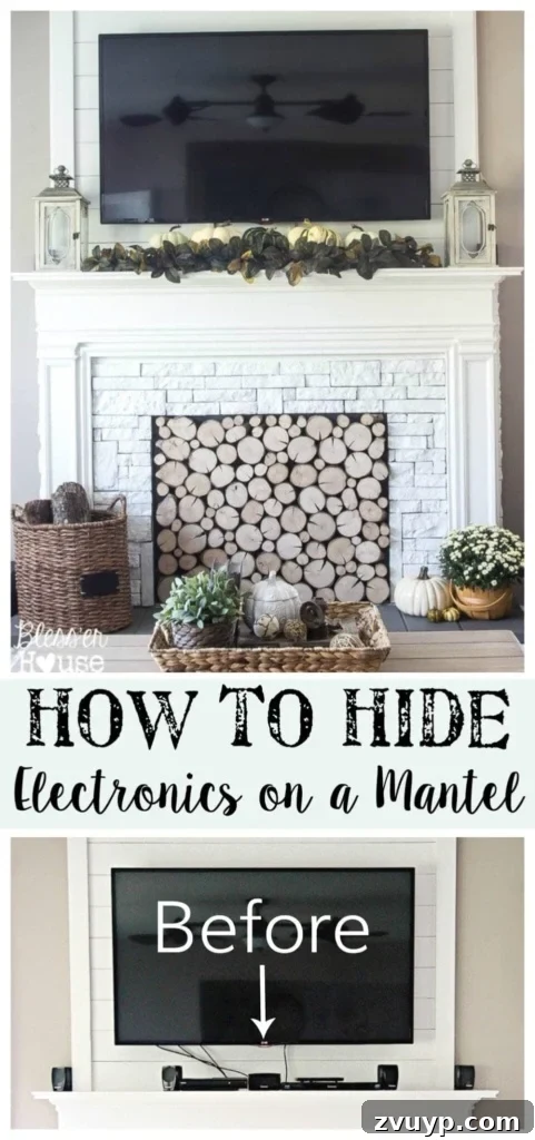 Elevate Your Mantel: Smart Ways to Conceal Electronics 2 A beautifully decorated mantel with a TV mounted above, featuring hidden cords and electronics. The mantel is styled with a leafy garland and decorative lanterns, creating an inviting and clutter-free look.