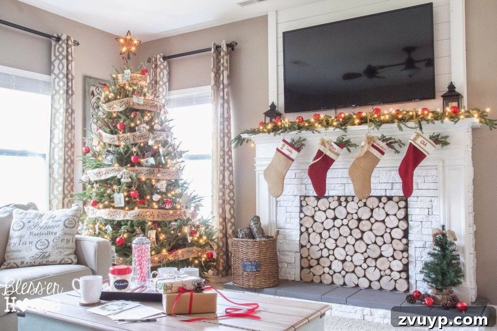 Elevate Your Mantel: Smart Ways to Conceal Electronics 8 Christmas-decorated mantel with evergreen garland and lights, effectively hiding electronics and contributing to festive home decor.