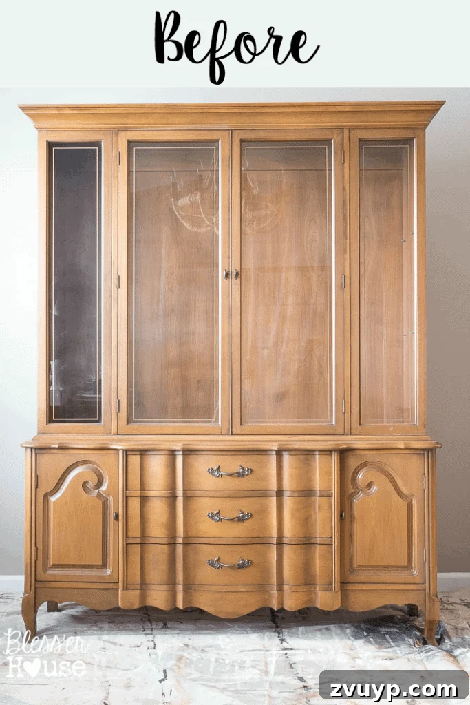 French Provincial Elegance Renewed 2 French Provincial China Cabinet Makeover: Before image of the cabinet found at a flea market