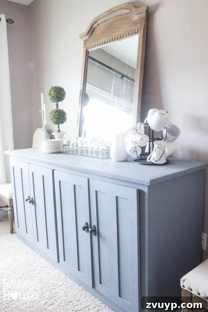 French Provincial Elegance Renewed 4 Previous oversized blue buffet in a cramped dining room before the makeover