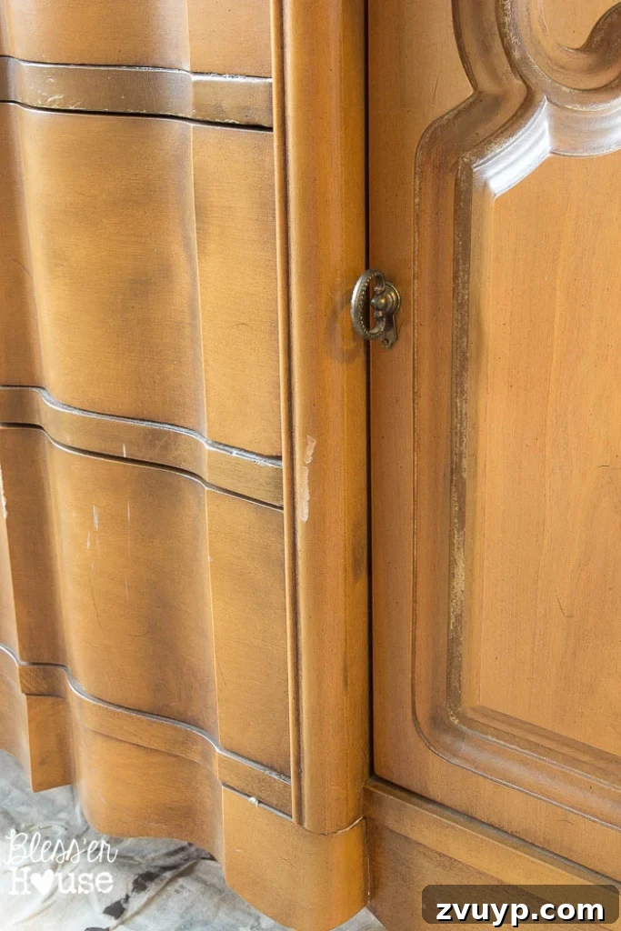 French Provincial Elegance Renewed 5 French Provincial China Cabinet Makeover: Close-up of cabinet details before painting