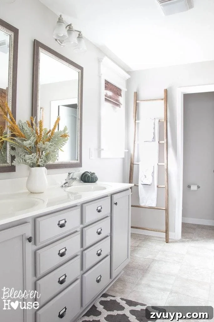 The Budget Hack for Designer Paint Colors 6 Master bathroom featuring Sherwin Williams Pediment walls and Benjamin Moore Winter Gates cabinets.