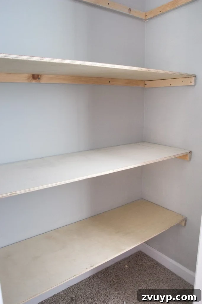 Quick and Easy DIY Closet Shelves 7 Plywood shelves installed on top of 1x2 supports for basic DIY closet shelving. Shows the simple construction of this beginner home improvement project.
