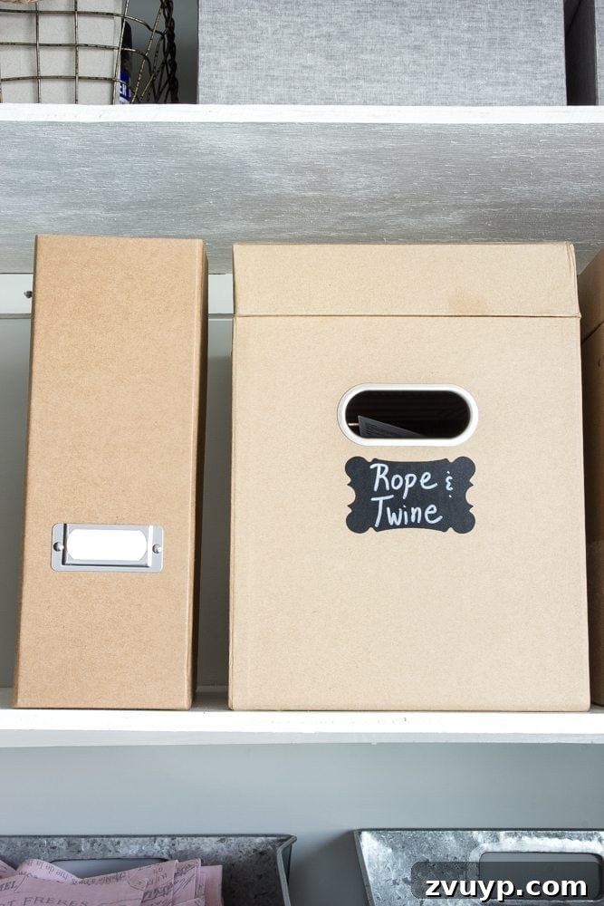 Your Ultimate Craft Closet Makeover 11 Various storage solutions including file boxes, magazine holders, and wire baskets, organized on shelves.