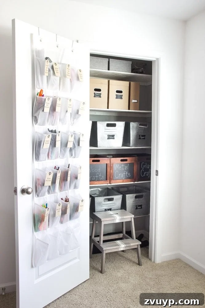 Your Ultimate Craft Closet Makeover 15 A closer look at the organized craft closet shelves, showcasing neatness and accessibility.