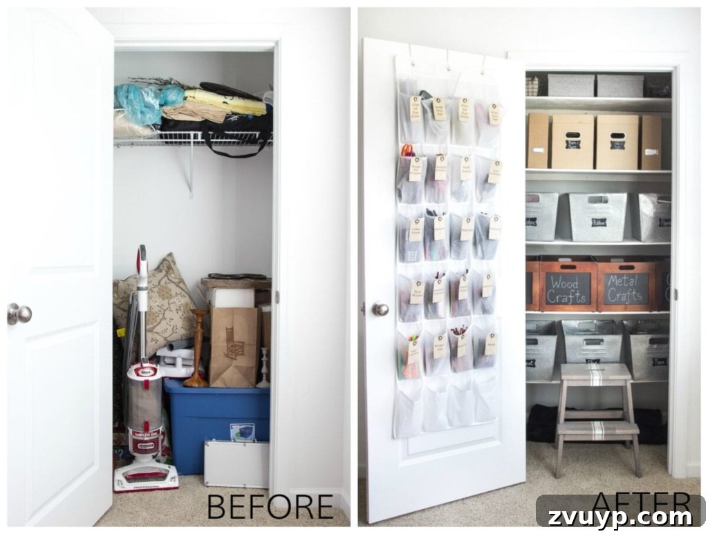Your Ultimate Craft Closet Makeover 16 Before and After comparison image of the craft closet, highlighting the dramatic transformation from clutter to organization.