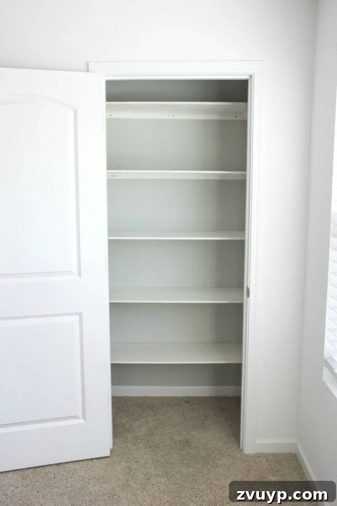 Your Ultimate Craft Closet Makeover 4 DIY shelves installed in the craft closet, providing a clean slate for organization.