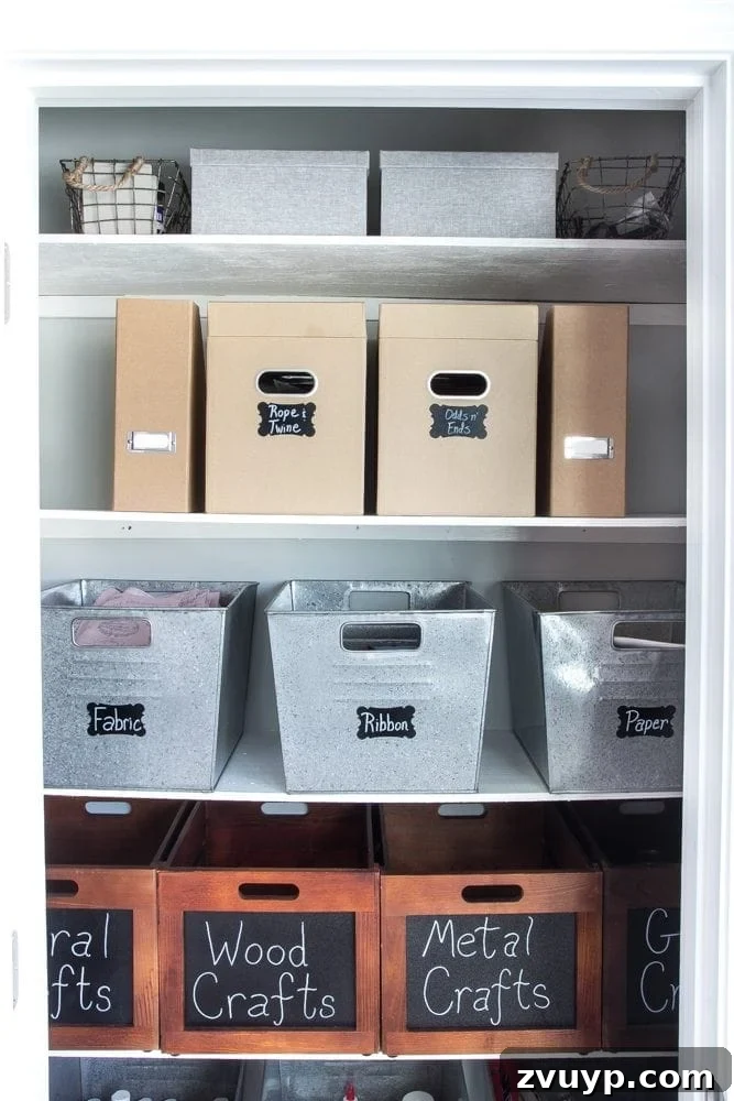 Your Ultimate Craft Closet Makeover 6 Beautiful galvanized metal bins and wooden crates used for craft organization on shelves. Illustrating smart storage choices.