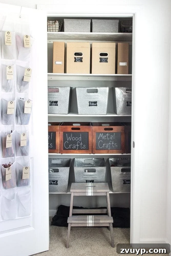 Your Ultimate Craft Closet Makeover 8 Close-up of vintage-style labels on storage containers in the craft closet, demonstrating effective labeling techniques.