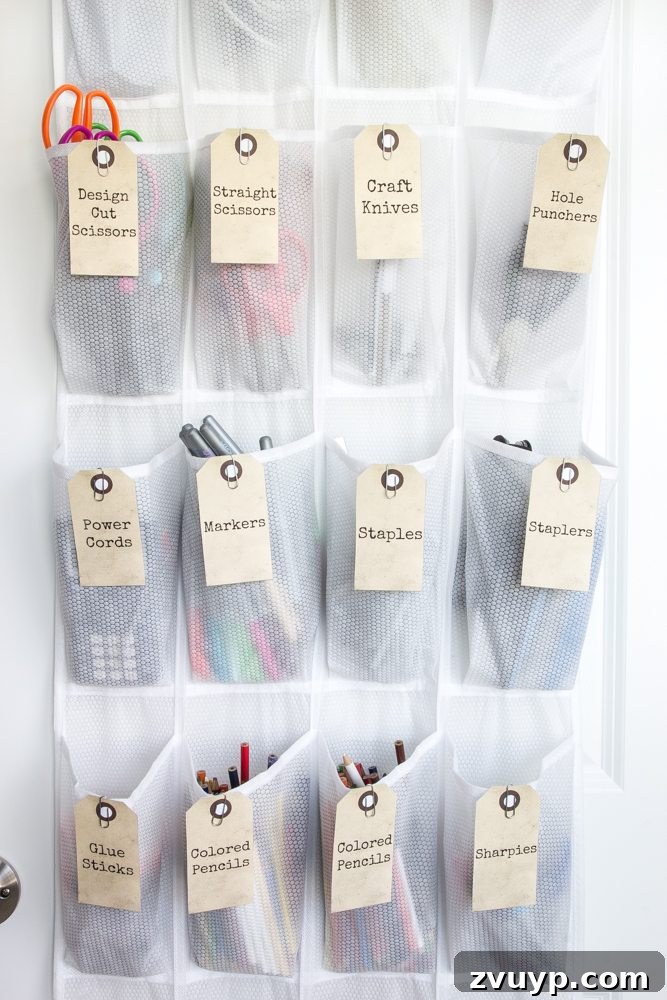 Your Ultimate Craft Closet Makeover 9 A charming driftwood grain sack step stool adds both style and practicality to the organized craft closet.
