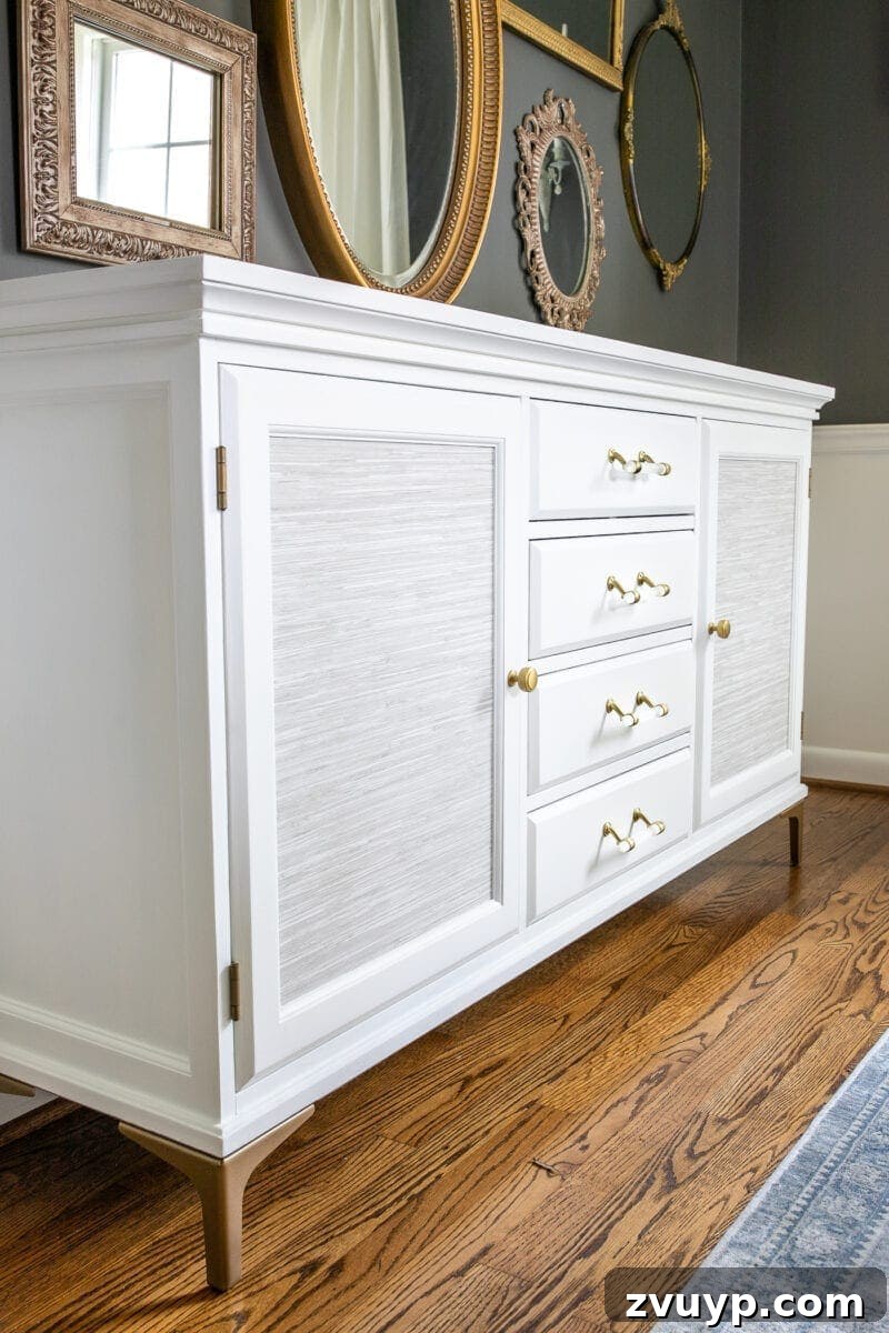 glass drawer pulls on a painted white buffet makeover