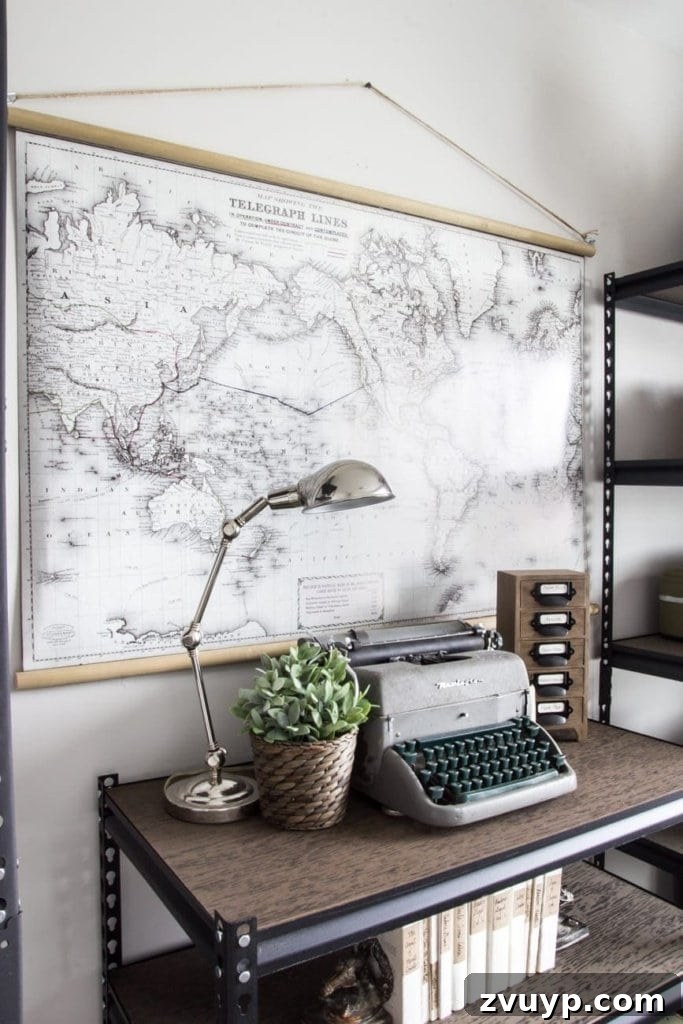 DIY Vintage Scroll Map 7 Vintage Office Decor with DIY Map and Accessories | Explore how a DIY pull-down map pairs with a vintage typewriter, office supply organizer, and DIY Restoration Hardware books for a cohesive, stylish office setup.